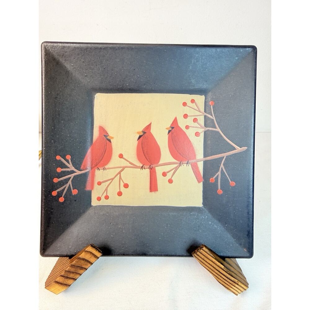 Donna White Hearthside Collection Cardinal On Branch W/ Berrys Wooden Plate